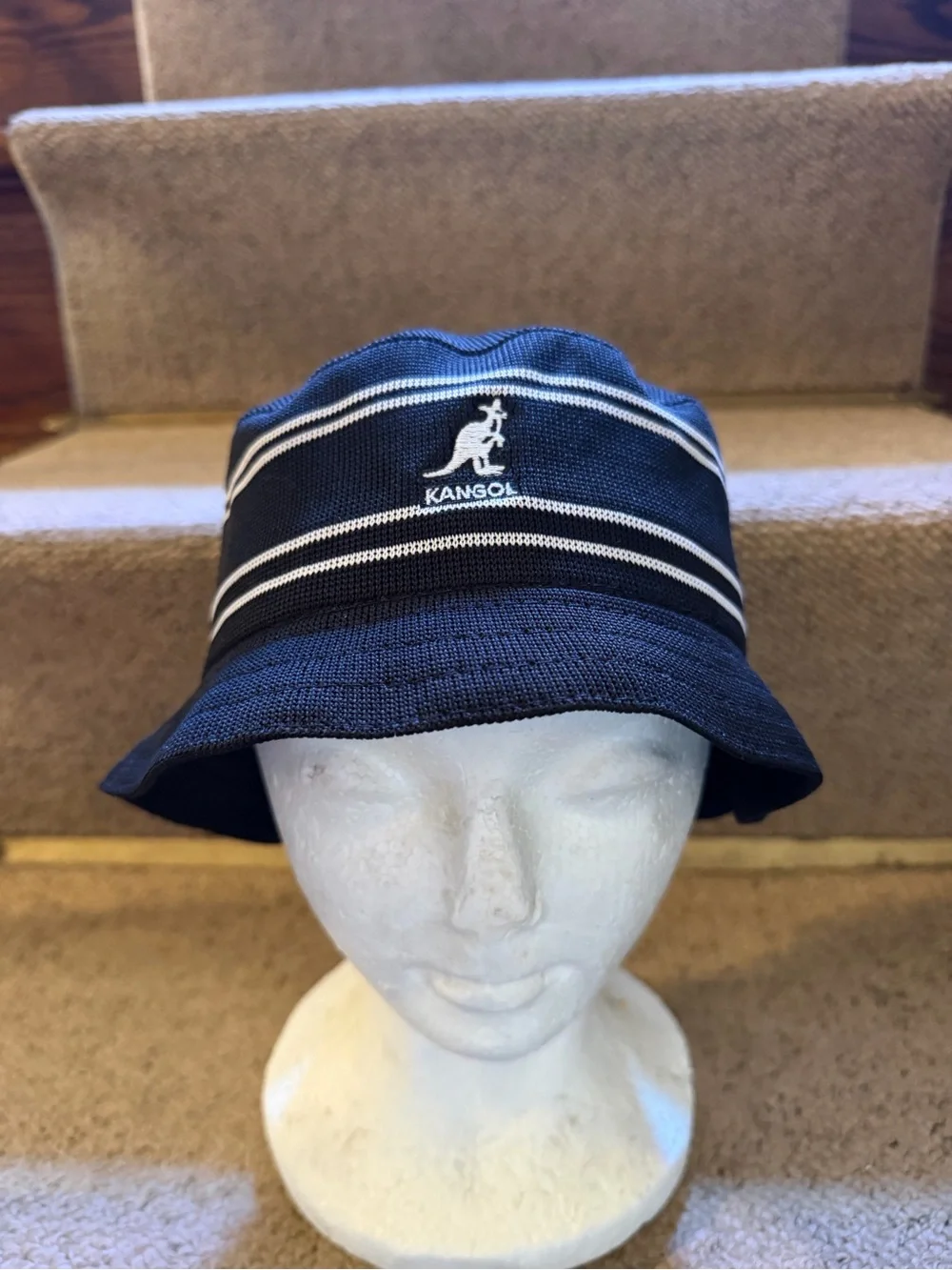 Kangol Black Bucket Hat with White Stripes